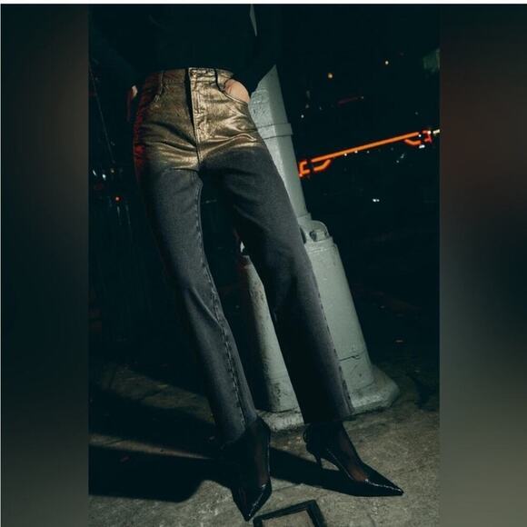 Zara Black and Metallic Gold HIGH WAIST Z1975 STRAIGHT LEG FOIL JEANS Size 8